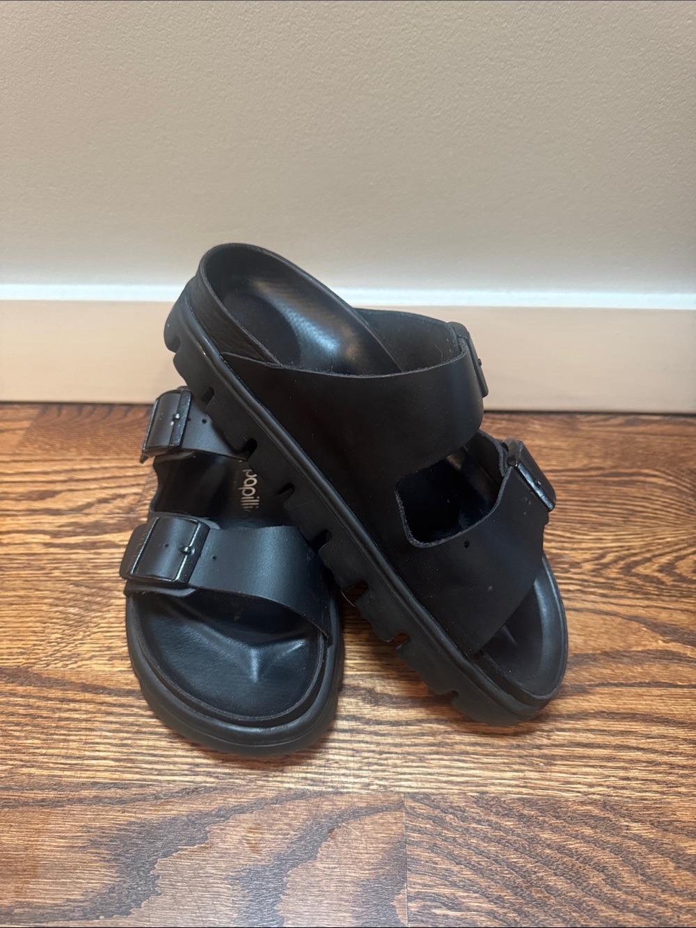 Papillio Black Platform Dual-Strap Slide Sandals, 40